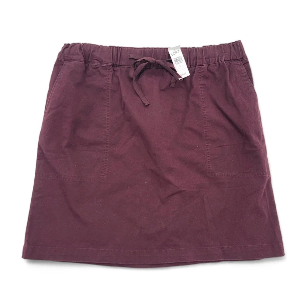 LOFT Burgundy Pull On Skirt Large Elastic Waist Drawstring Cotton Blend NWT